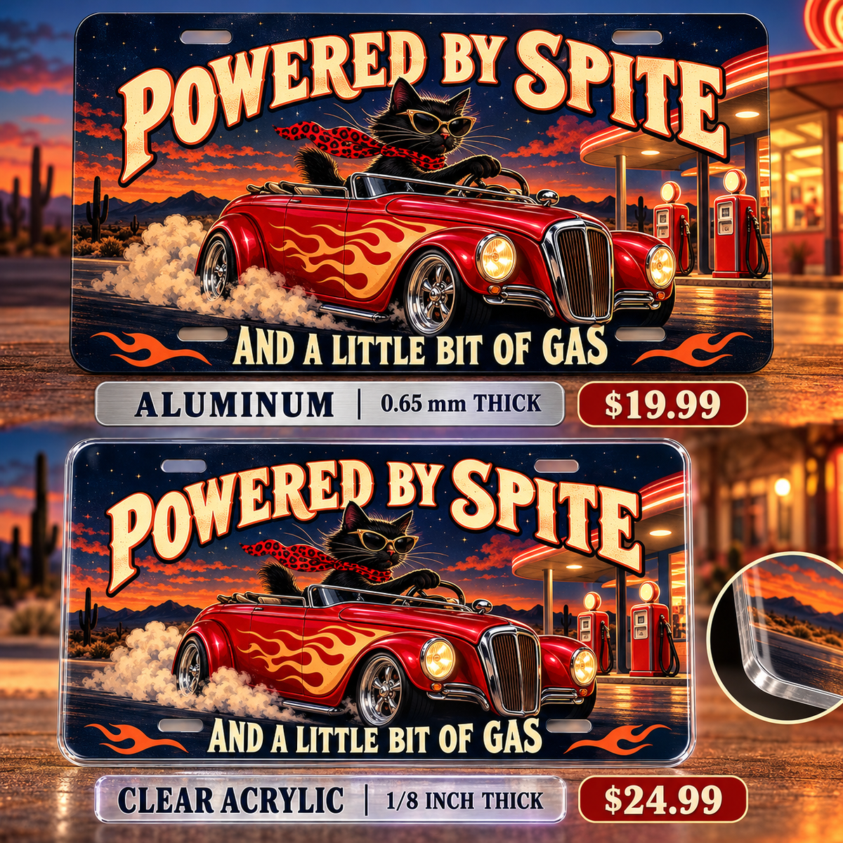 Powered by Spite funny license plate — aluminum and clear acrylic comparison with prices