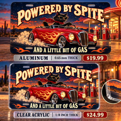 Powered by Spite funny license plate — aluminum and clear acrylic comparison with prices