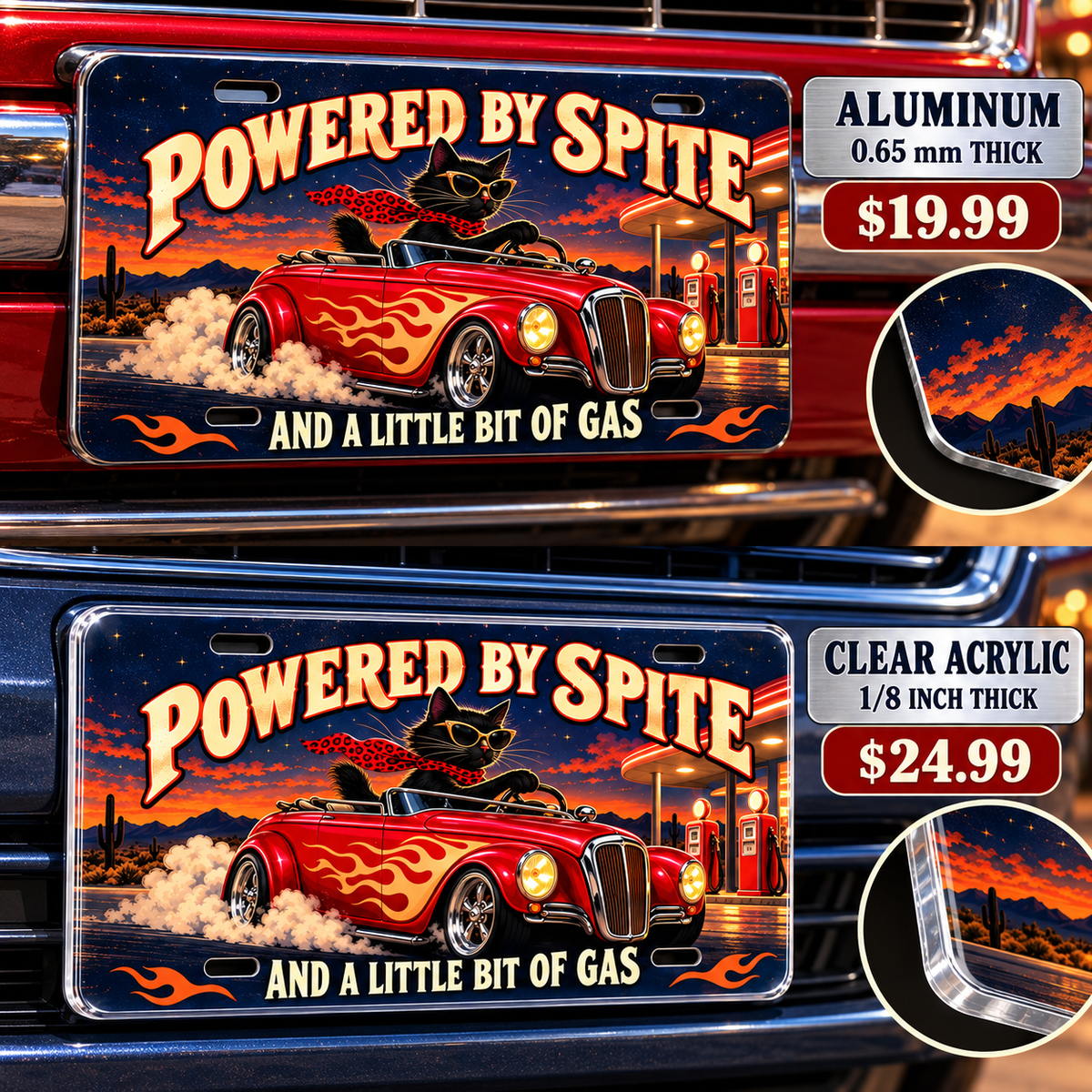 Powered by Spite funny license plate — aluminum and acrylic vehicle mockups
