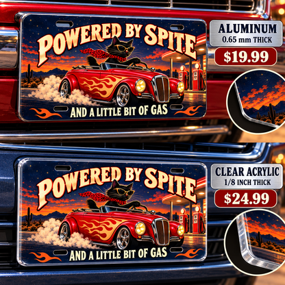 Powered by Spite funny license plate — aluminum and acrylic vehicle mockups