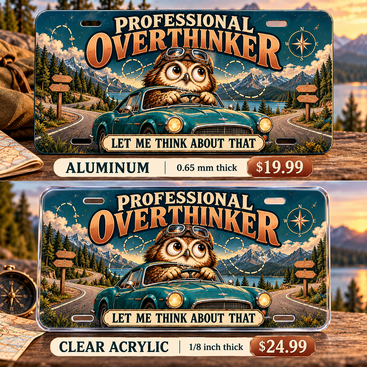 Professional Overthinker funny license plate — aluminum and clear acrylic comparison with prices