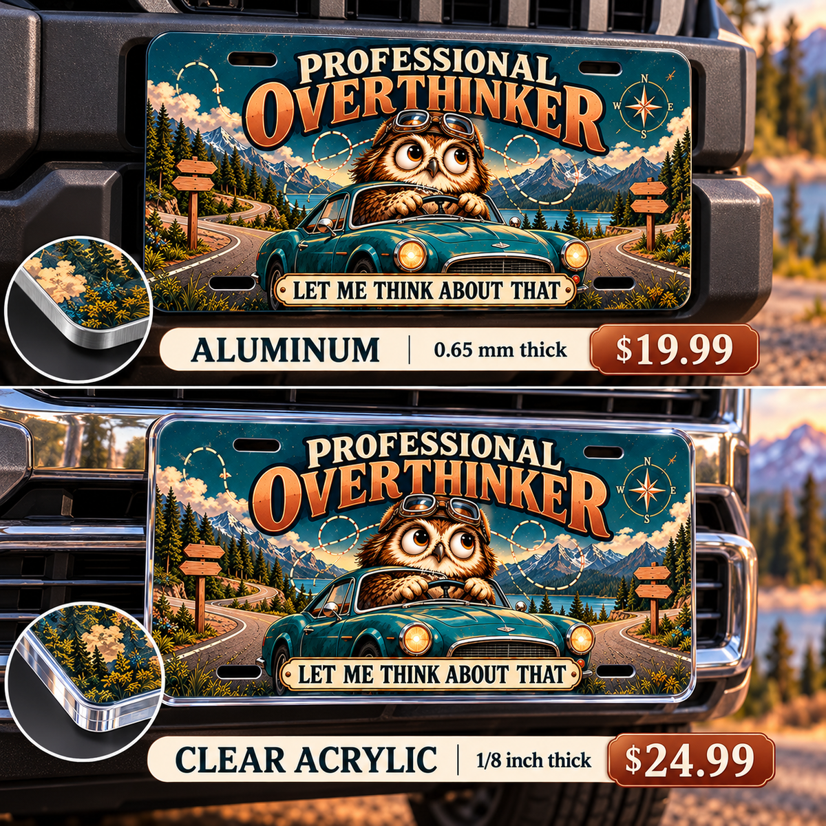 Professional Overthinker funny license plate — aluminum and acrylic vehicle mockups