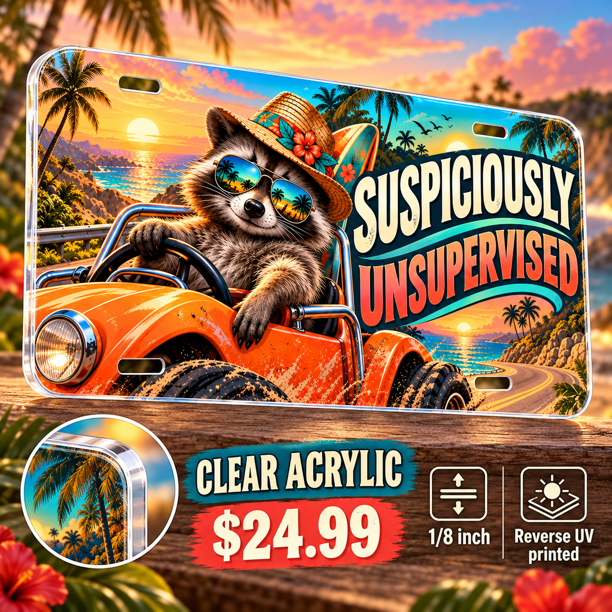 Suspiciously Unsupervised funny license plate — ⅛-inch reverse UV printed clear acrylic with opaque artwork