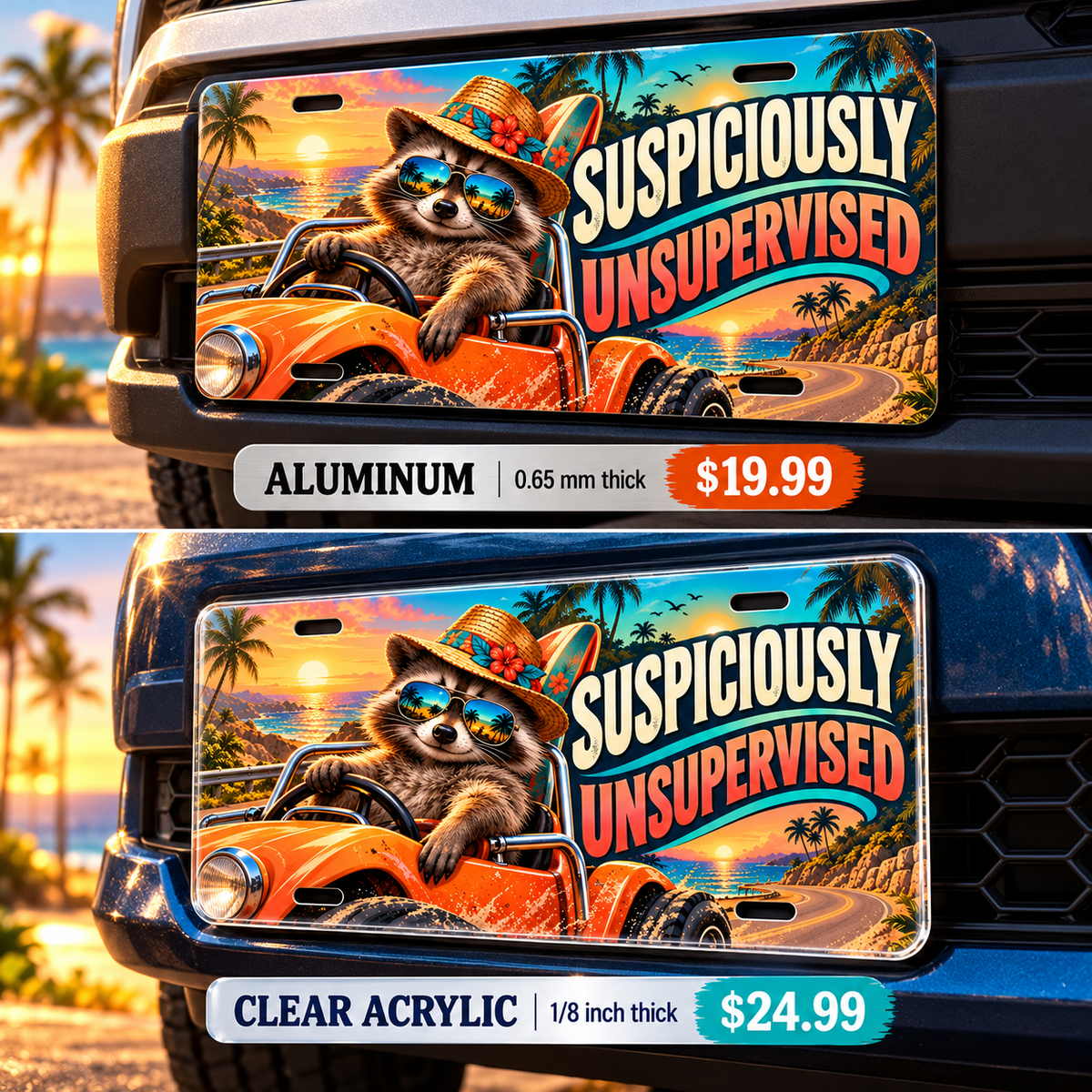 Suspiciously Unsupervised funny license plate — aluminum and acrylic vehicle mockups