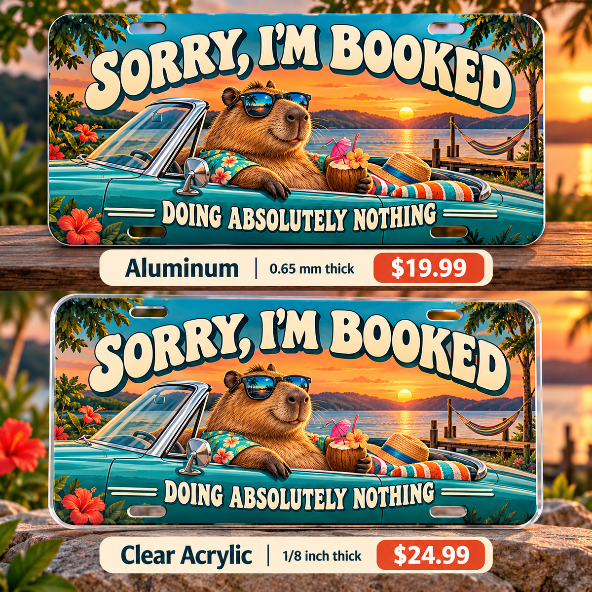 Weekend Appointment funny license plate — aluminum and clear acrylic comparison with prices