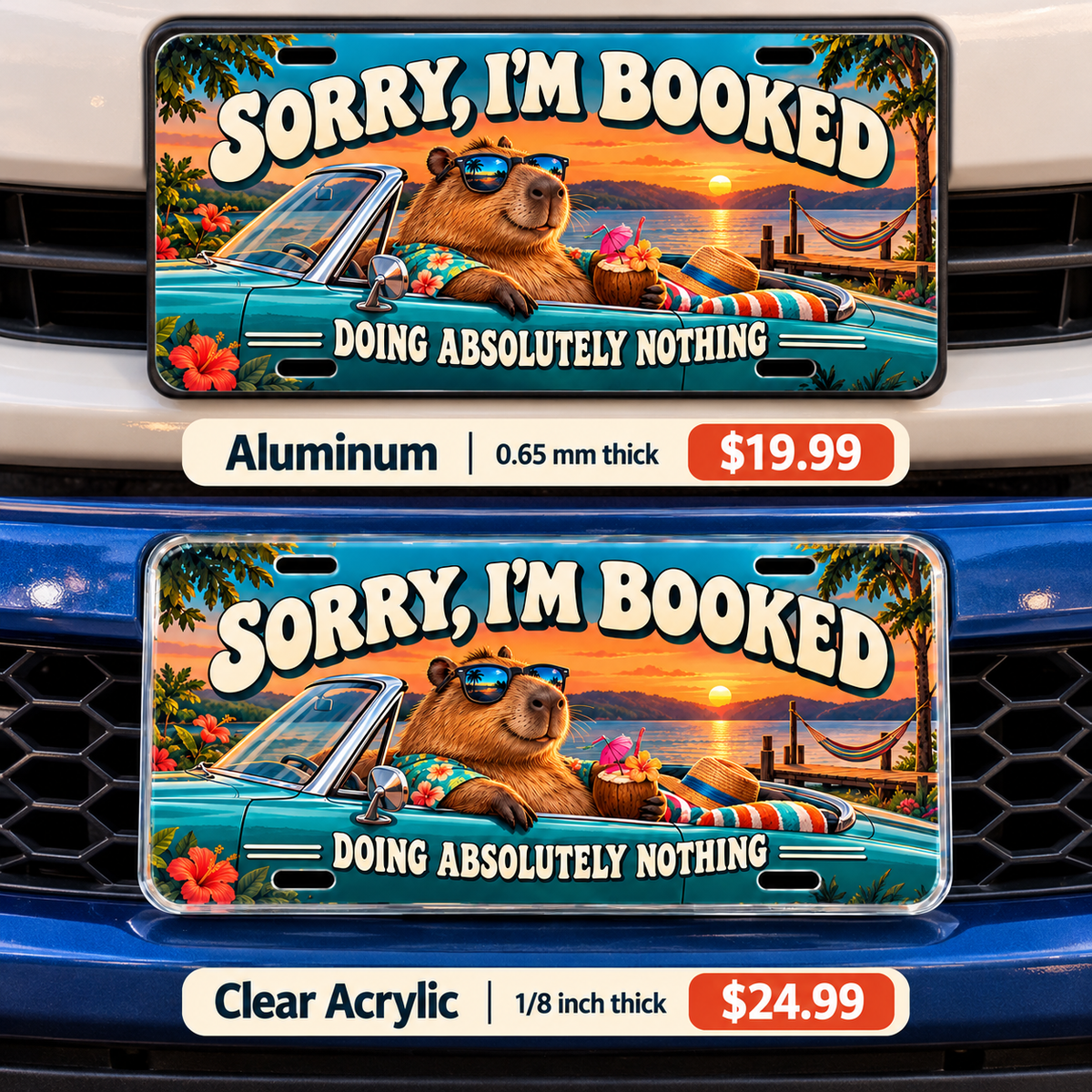 Weekend Appointment funny license plate — aluminum and acrylic vehicle mockups