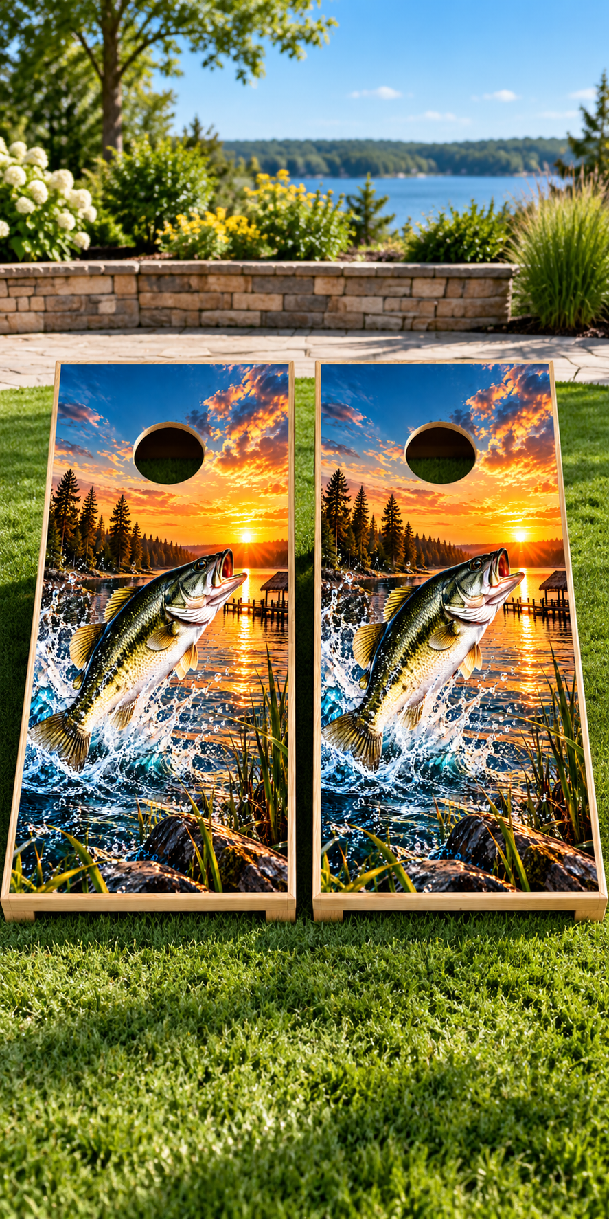 Sunset Strike Largemouth Bass Cornhole Board Wraps board mockup — wraps only