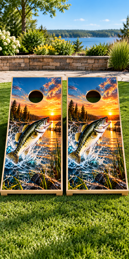 Sunset Strike Largemouth Bass Cornhole Board Wraps board mockup — wraps only