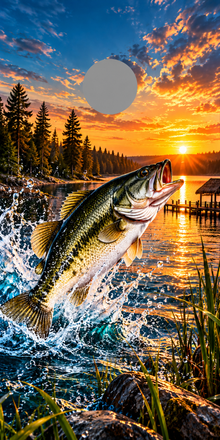 Sunset Strike Largemouth Bass Cornhole Board Wraps — gray hole placement preview