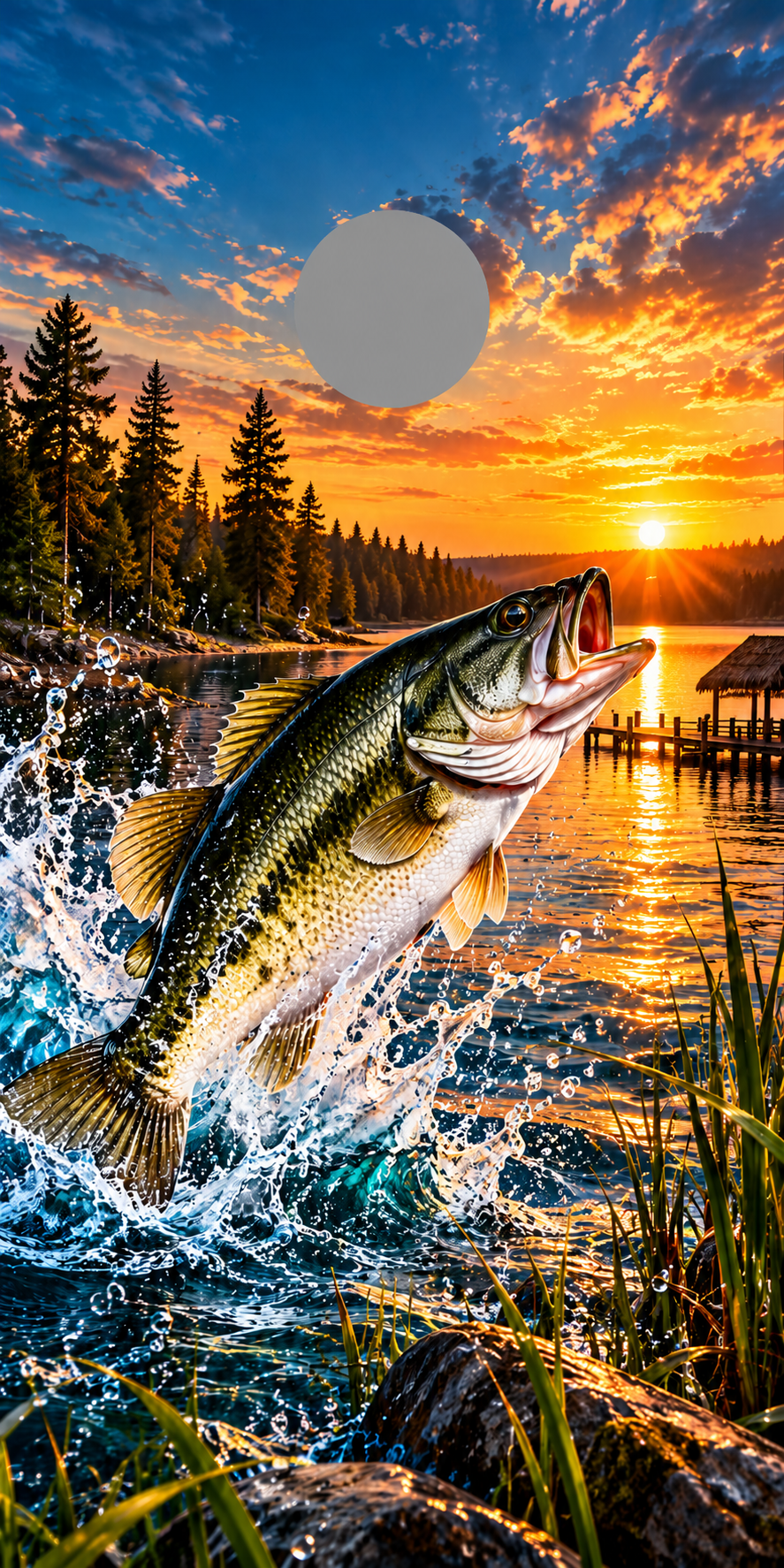 Sunset Strike Largemouth Bass Cornhole Board Wraps — gray hole placement preview