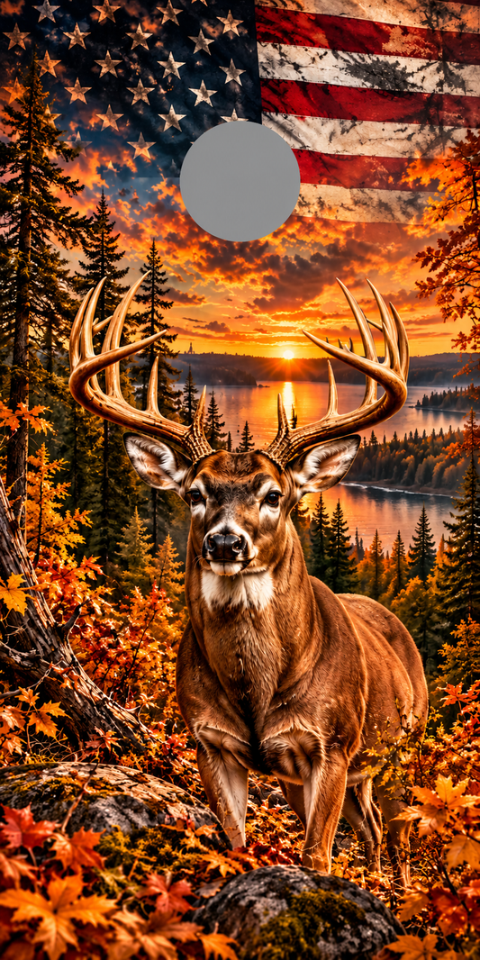 Autumn Patriot Whitetail Buck Cornhole Board Wraps — gray hole placement preview
