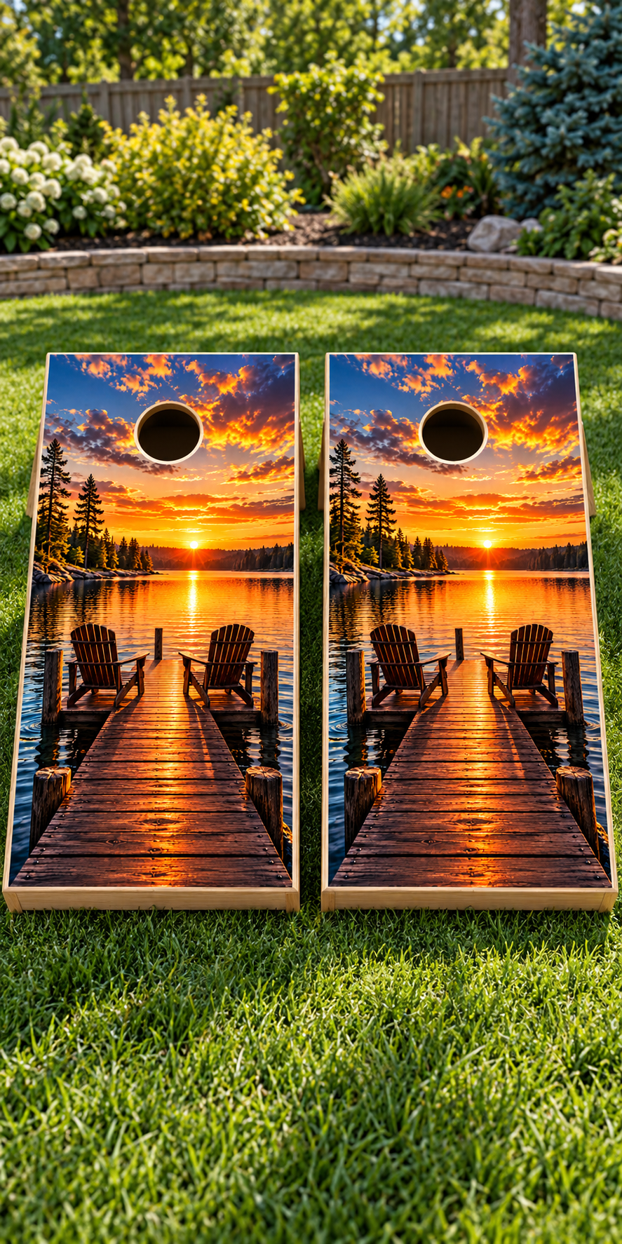 Golden Hour Lake Dock Cornhole Board Wraps board mockup — wraps only