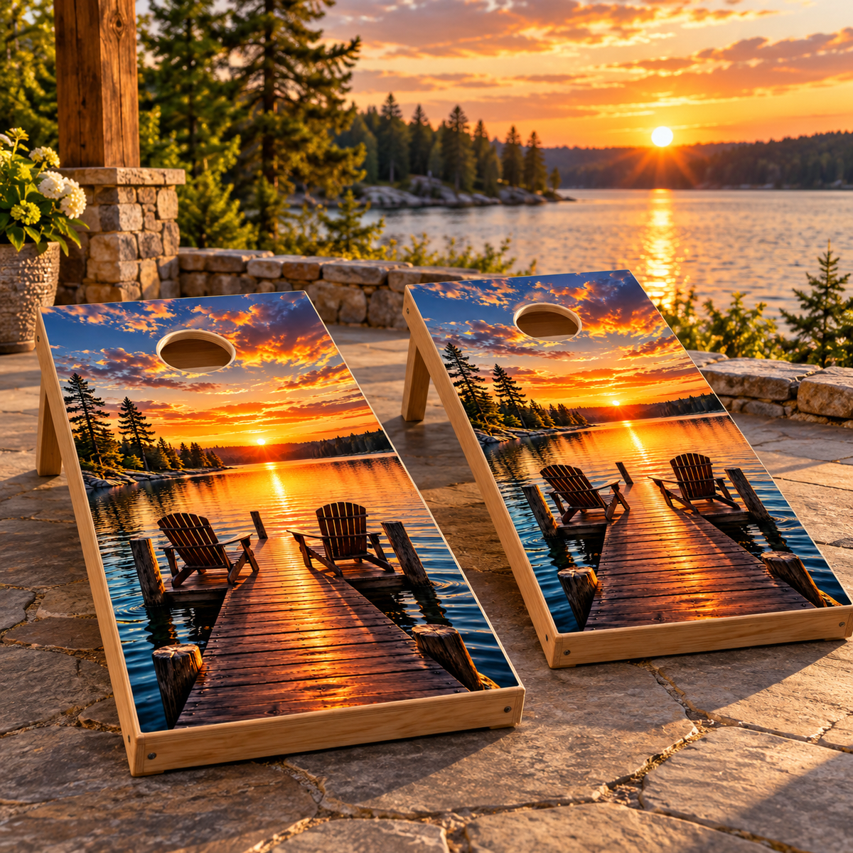 Golden Hour Lake Dock Cornhole Board Wraps — second board mockup; wraps only