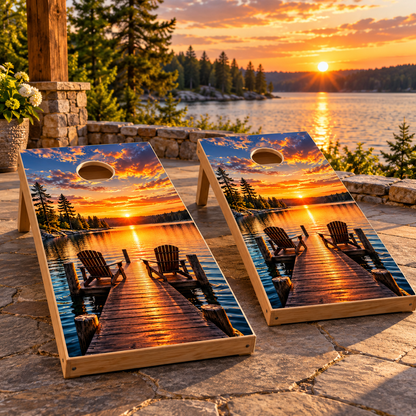 Golden Hour Lake Dock Cornhole Board Wraps — second board mockup; wraps only