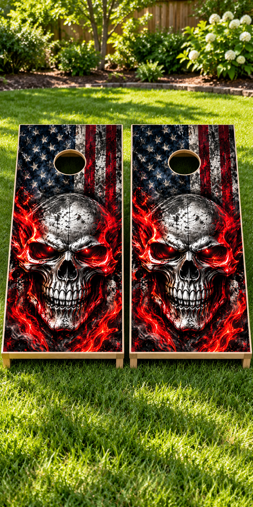 Inferno Skull American Flag Cornhole Board Wraps board mockup — wraps only
