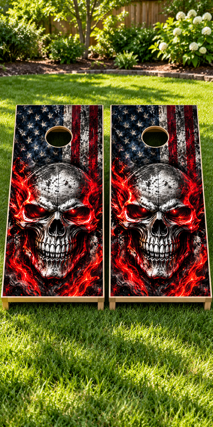 Inferno Skull American Flag Cornhole Board Wraps board mockup — wraps only