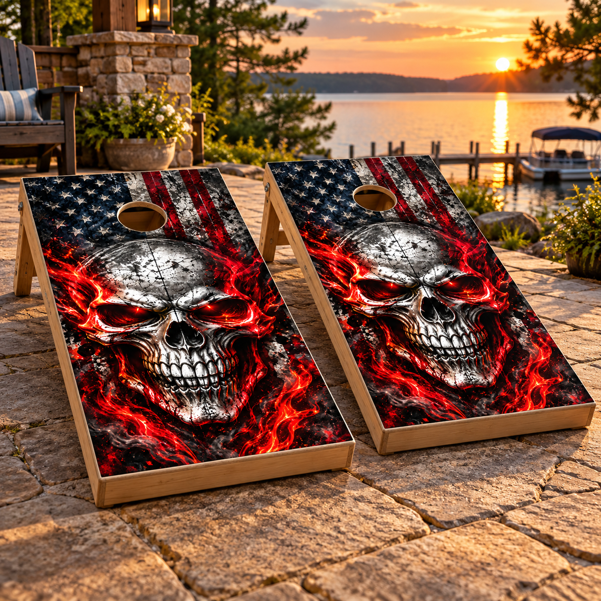 Inferno Skull American Flag Cornhole Board Wraps — second board mockup; wraps only