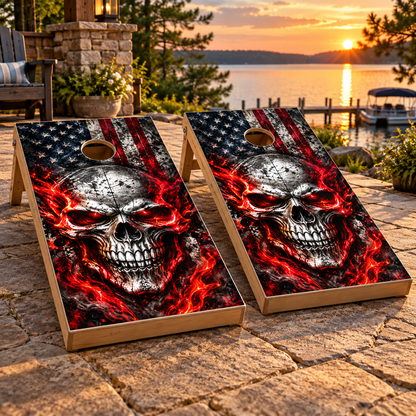 Inferno Skull American Flag Cornhole Board Wraps — second board mockup; wraps only