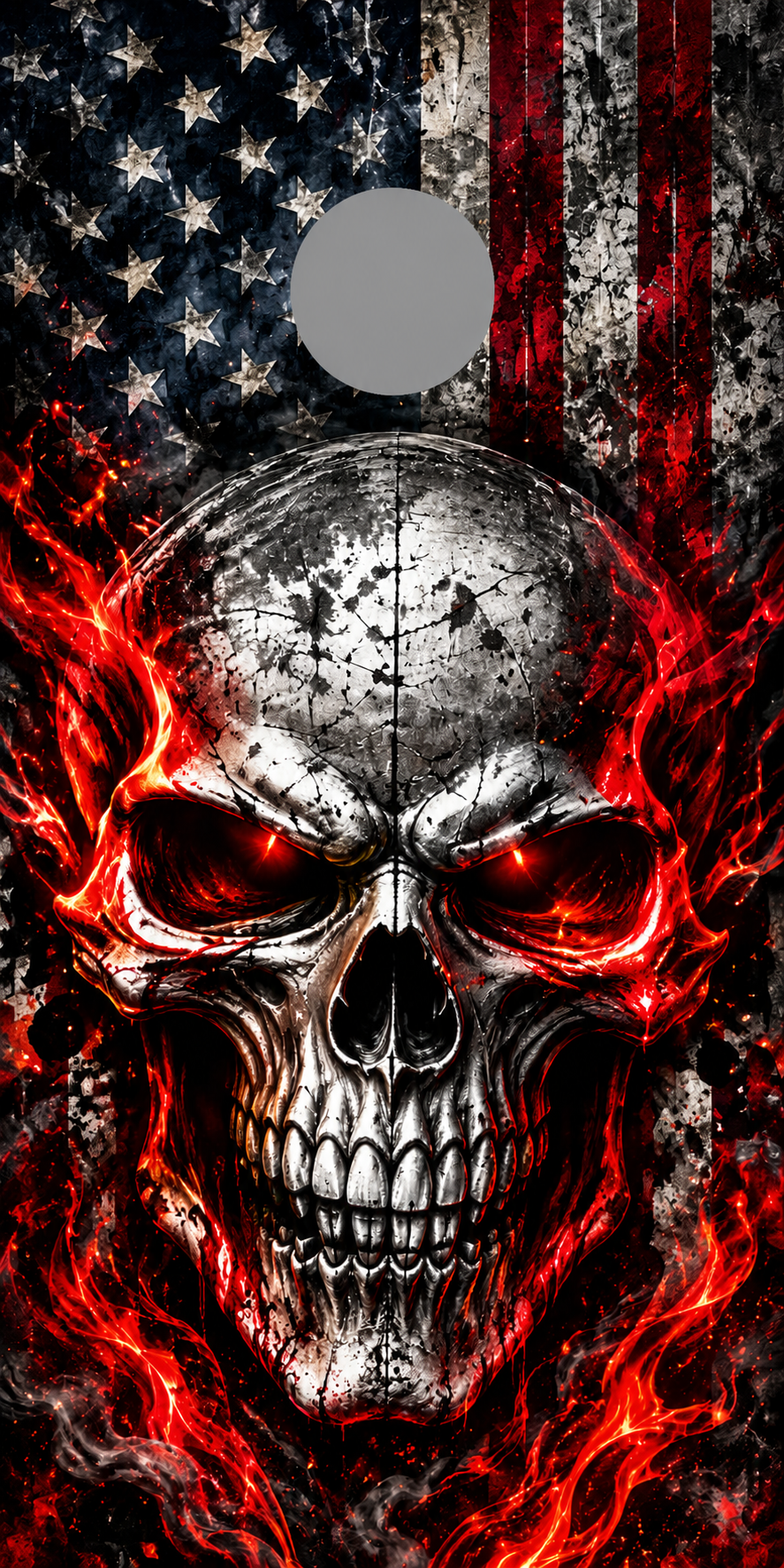 Inferno Skull American Flag Cornhole Board Wraps — gray hole placement preview