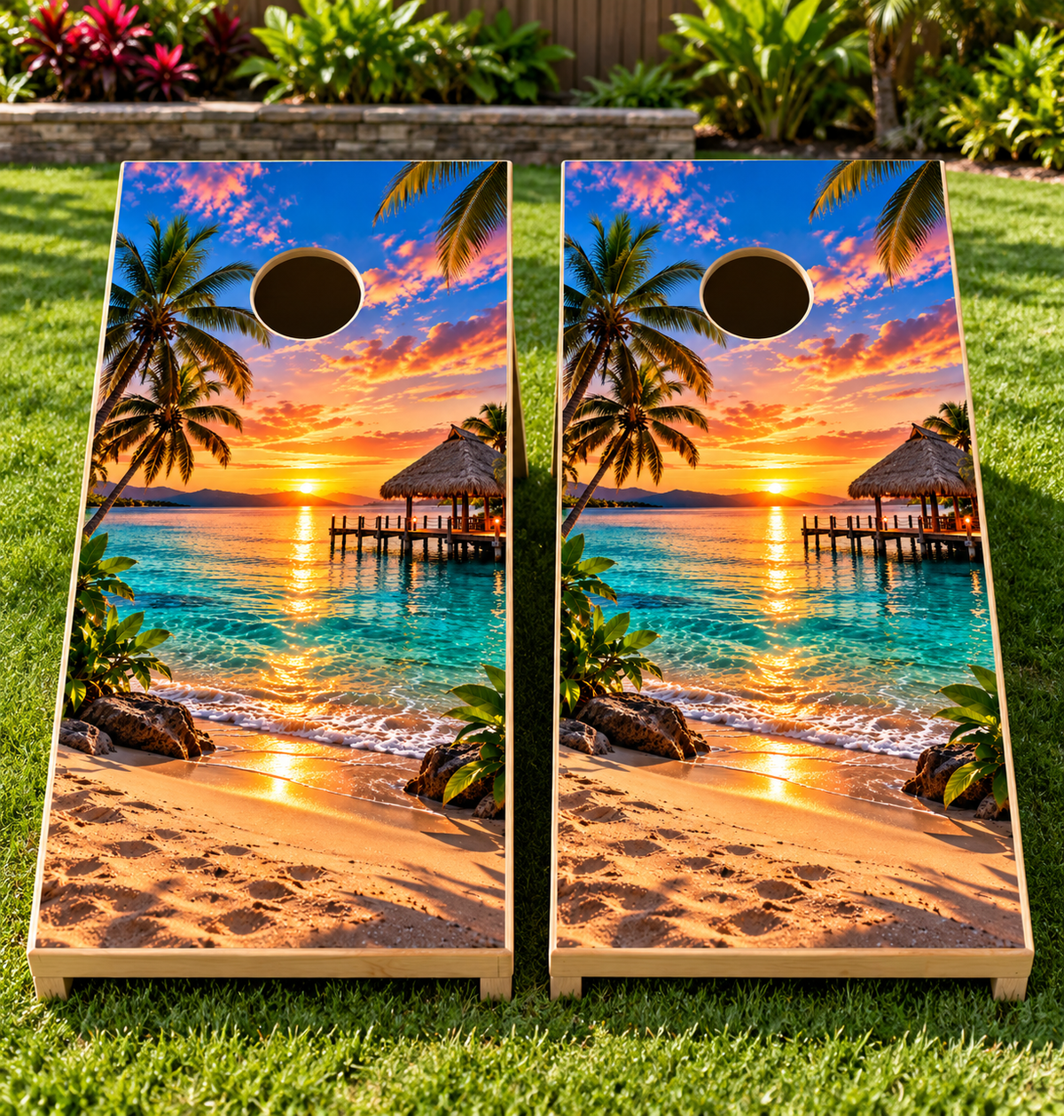 Tropical Sunset Tiki Escape Cornhole Board Wraps board mockup — wraps only