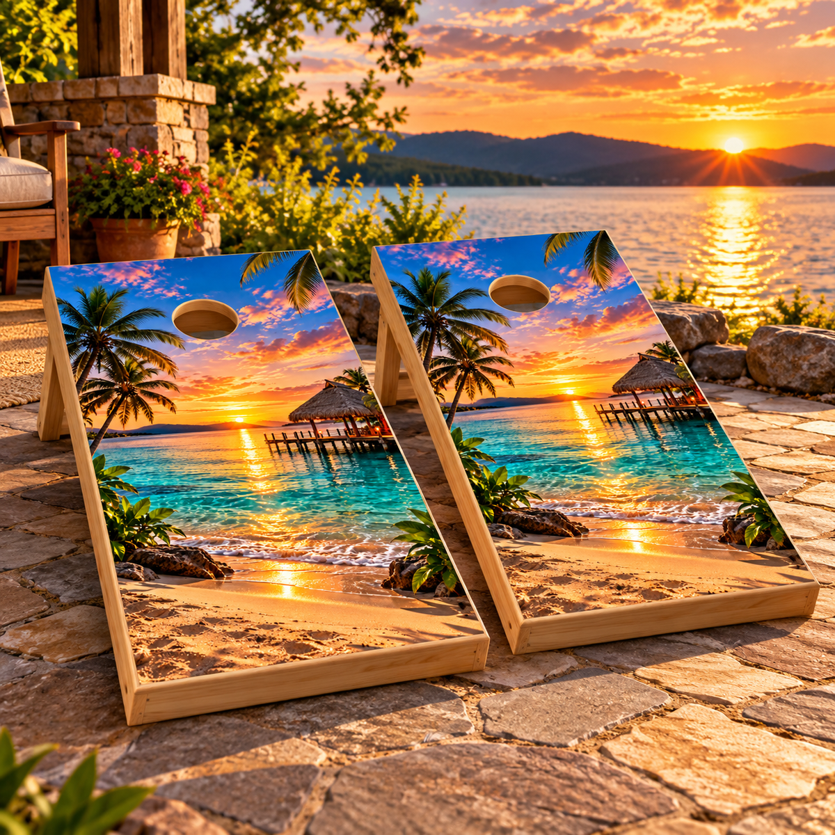 Tropical Sunset Tiki Escape Cornhole Board Wraps — second board mockup; wraps only