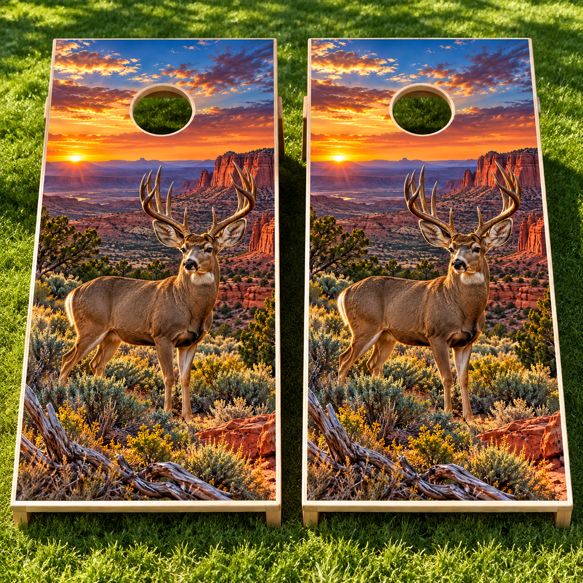 Sagebrush Monarch Mule Deer Cornhole Board Wraps — board mockup; wraps only