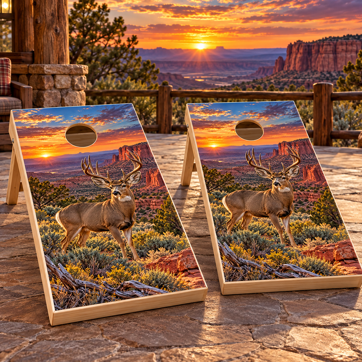 Sagebrush Monarch Mule Deer Cornhole Board Wraps — second board mockup; wraps only