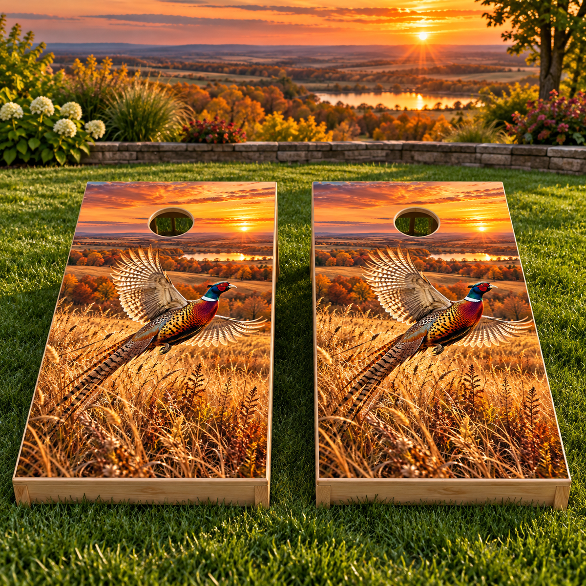 Prairie Flush Pheasant Cornhole Board Wraps — board mockup; wraps only
