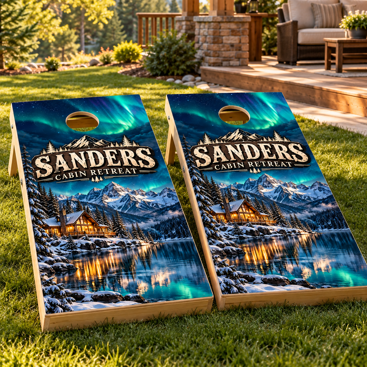 Aurora Cabin Personalized Northern Lights Cornhole Board Wraps on matching boards; boards not included