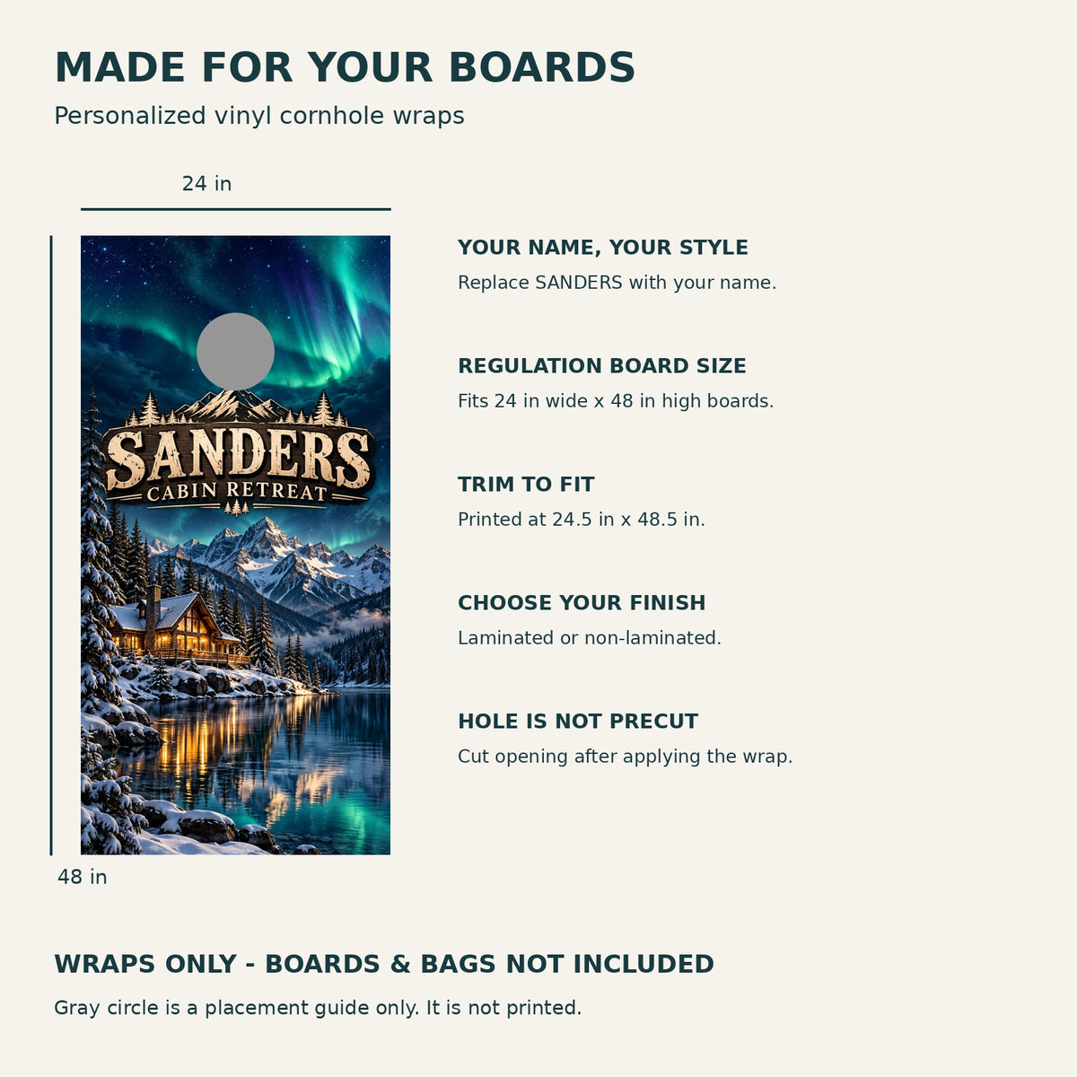 Aurora Cabin Personalized Northern Lights Cornhole Board Wraps — size and installation guide