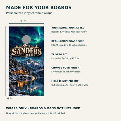 Aurora Cabin Personalized Northern Lights Cornhole Board Wraps — size and installation guide