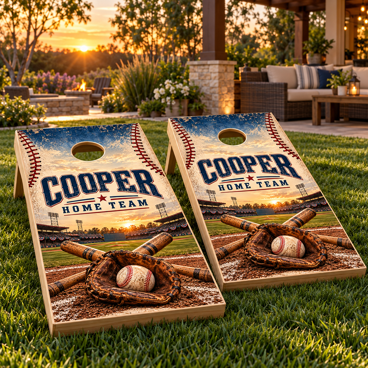 Home Run Family Personalized Baseball Cornhole Board Wraps on matching boards; boards not included