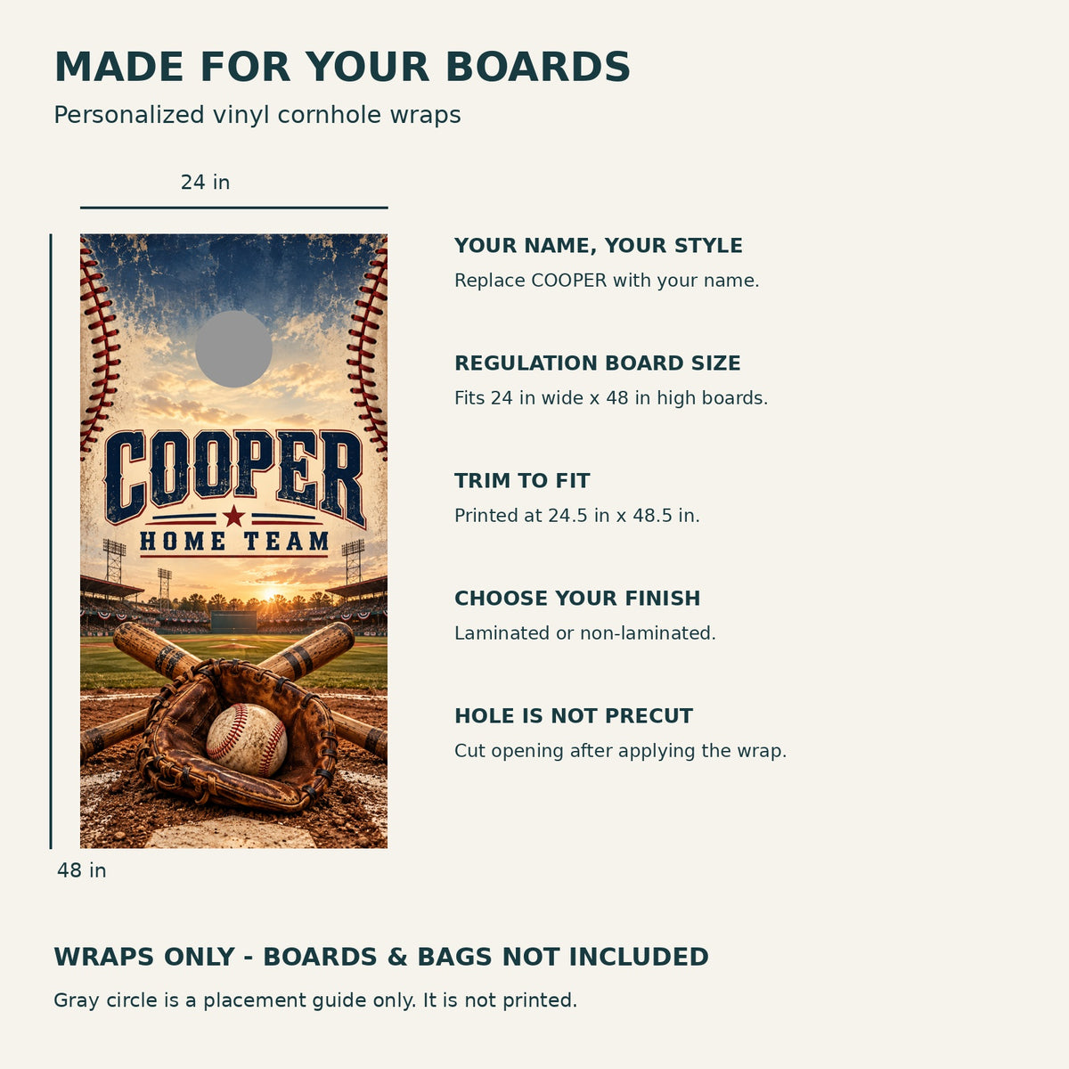 Home Run Family Personalized Baseball Cornhole Board Wraps — size and installation guide