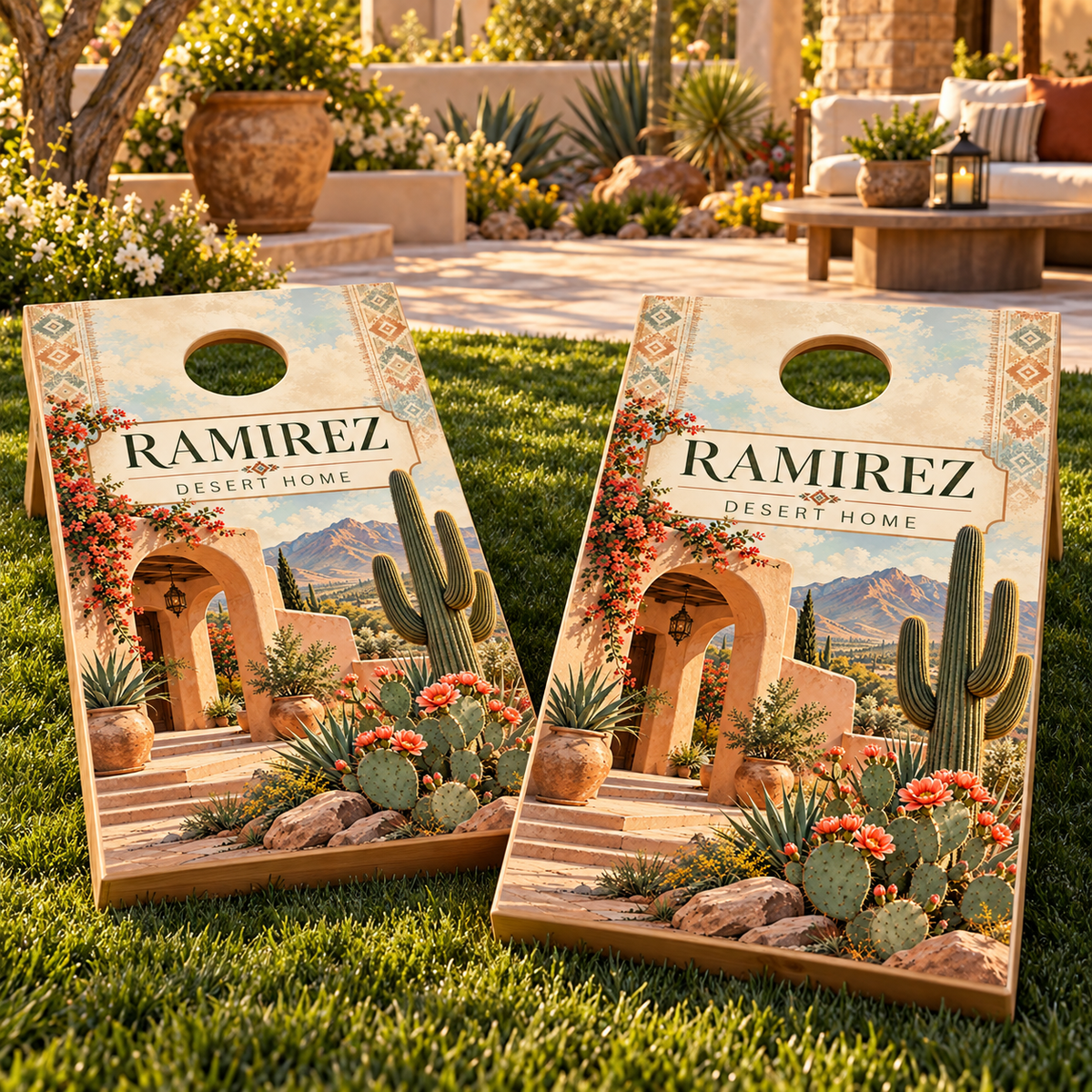 Desert Bloom Personalized Cactus Cornhole Board Wraps on matching boards; boards not included
