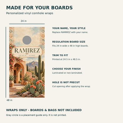 Desert Bloom Personalized Cactus Cornhole Board Wraps — size and installation guide
