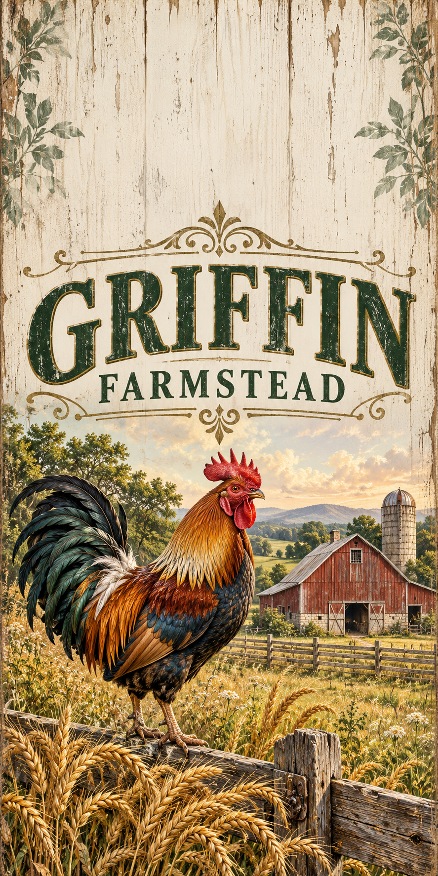 Country Farmstead Personalized Rooster Cornhole Board Wraps — sample-name artwork without hole