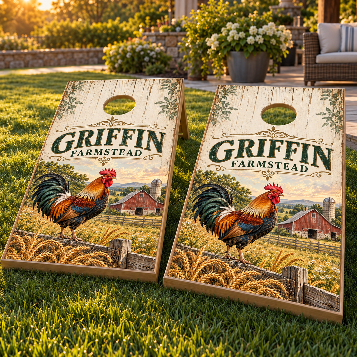 Country Farmstead Personalized Rooster Cornhole Board Wraps on matching boards; boards not included