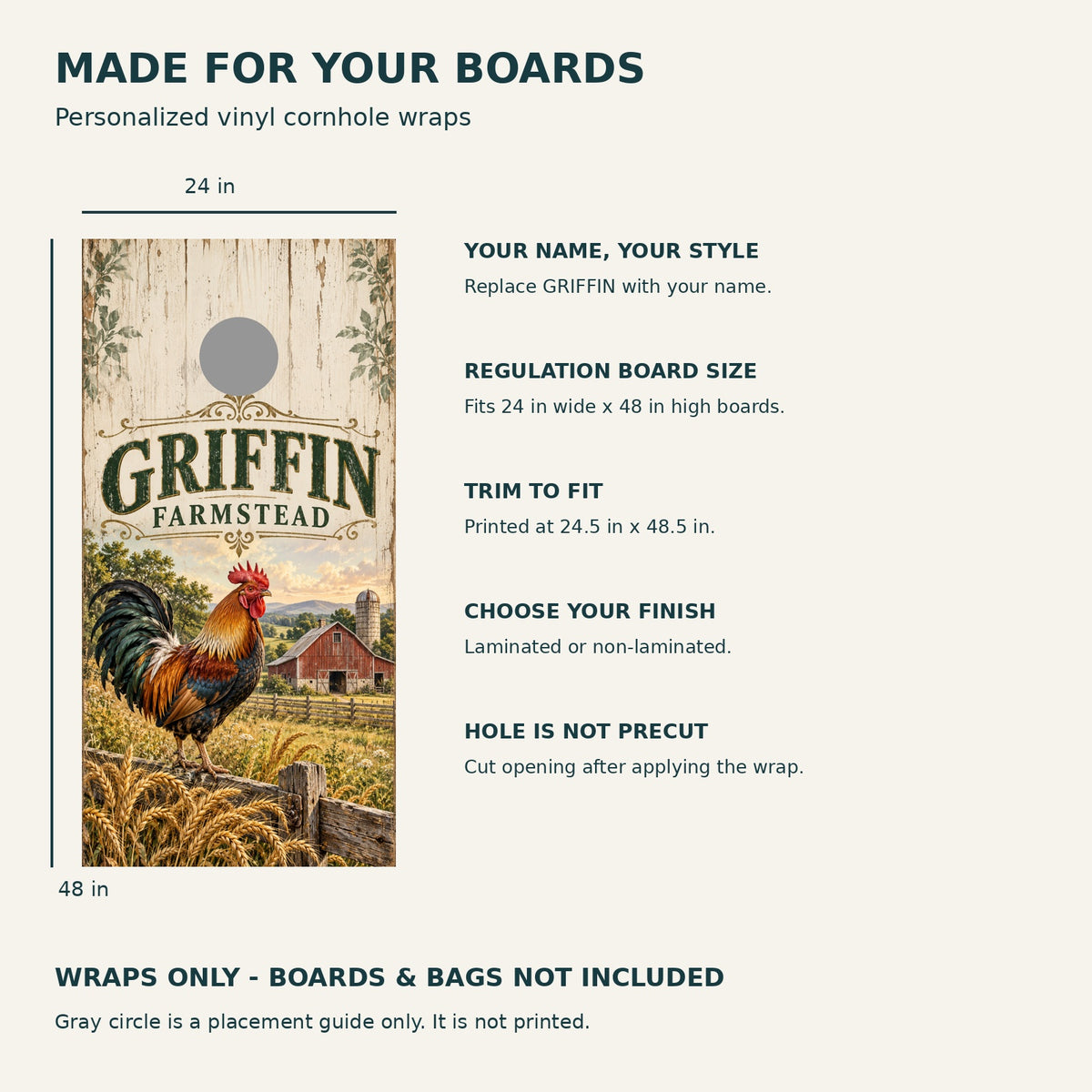 Country Farmstead Personalized Rooster Cornhole Board Wraps — size and installation guide