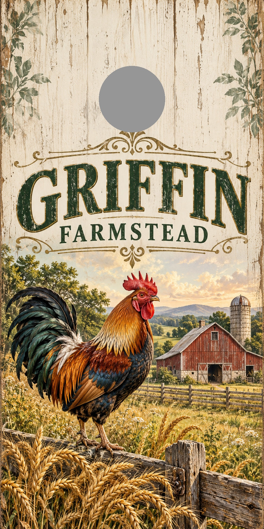 Country Farmstead Personalized Rooster Cornhole Board Wraps — gray hole-position preview