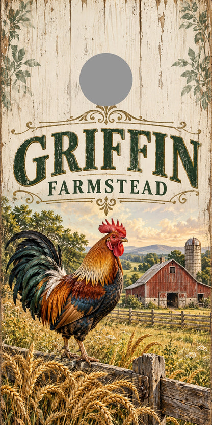Country Farmstead Personalized Rooster Cornhole Board Wraps — gray hole-position preview