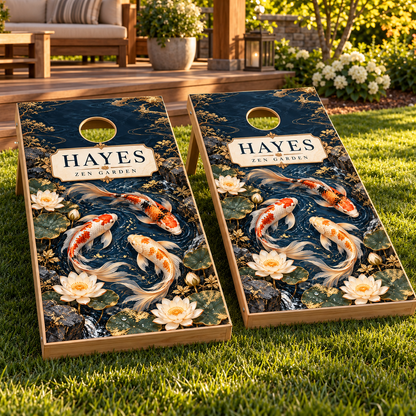 Tranquil Koi Garden Personalized Cornhole Board Wraps on matching boards; boards not included