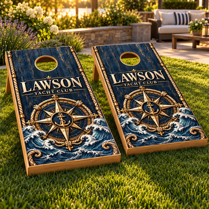 Harbor Compass Personalized Nautical Cornhole Board Wraps on matching boards; boards not included