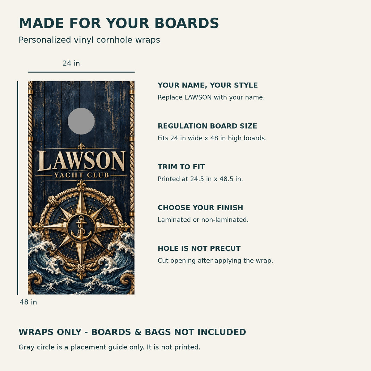Harbor Compass Personalized Nautical Cornhole Board Wraps — size and installation guide