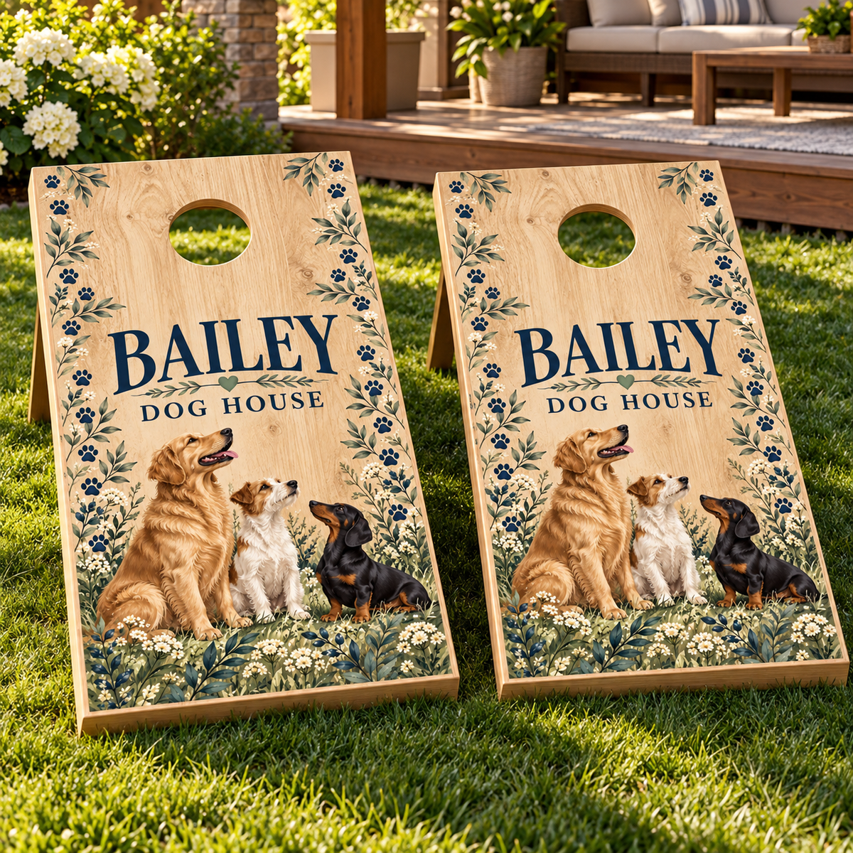 Paws and Play Personalized Dog Lover Cornhole Board Wraps on matching boards; boards not included