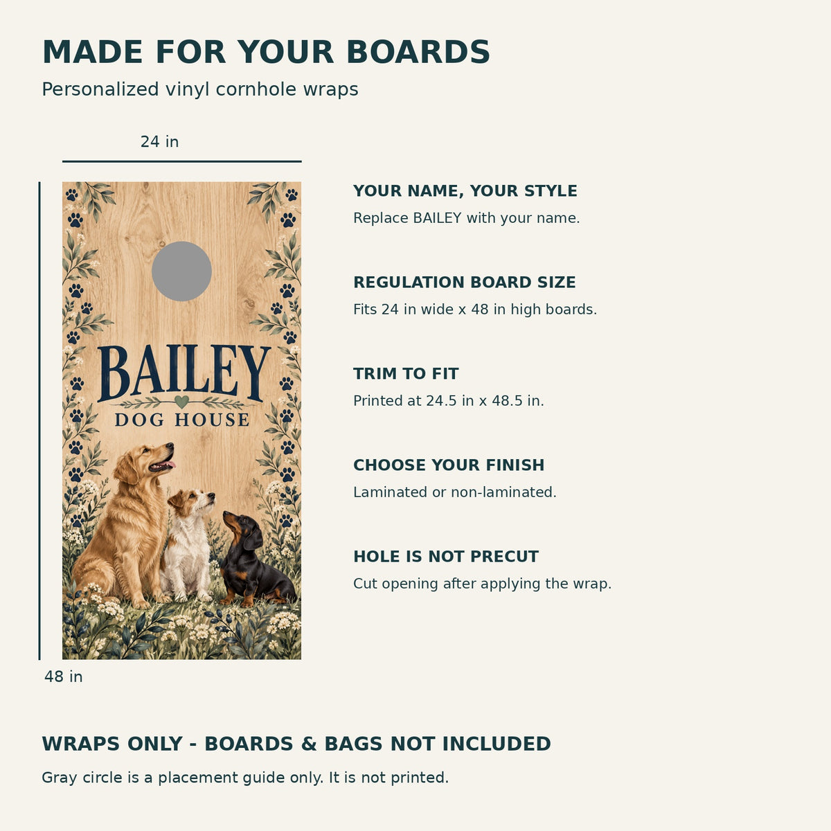 Paws and Play Personalized Dog Lover Cornhole Board Wraps — size and installation guide
