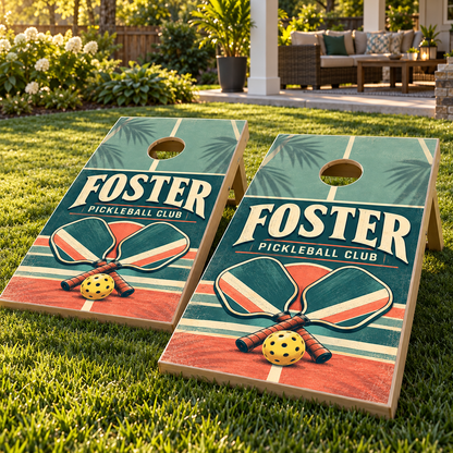 Pickleball Social Club Personalized Cornhole Board Wraps on matching boards; boards not included