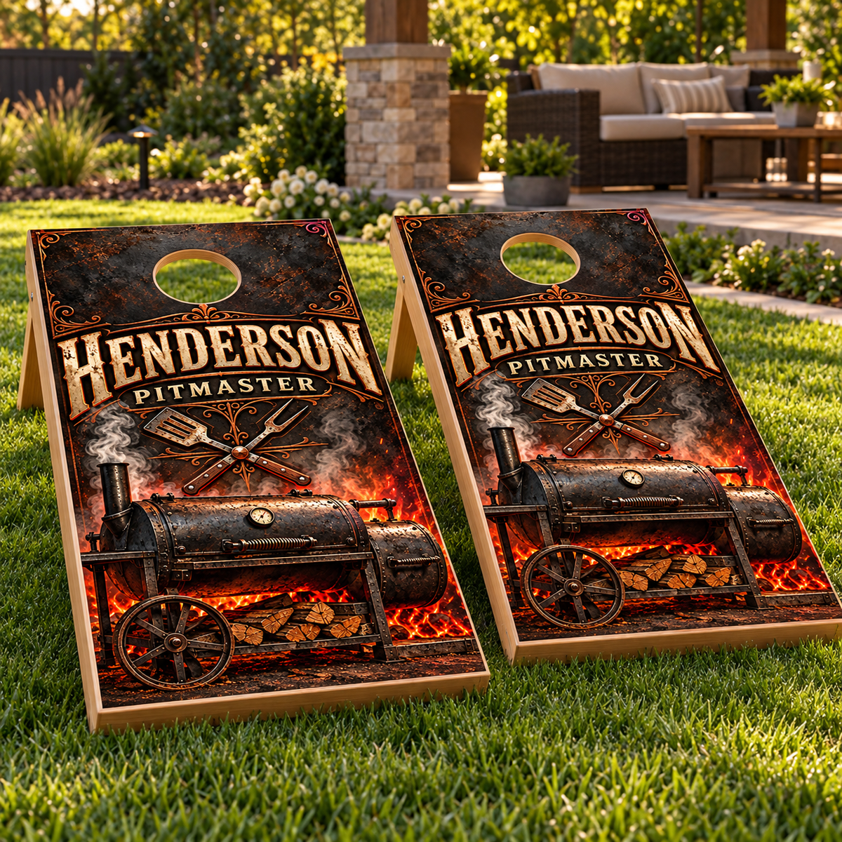 Backyard Pitmaster Personalized BBQ Cornhole Board Wraps on matching boards; boards not included