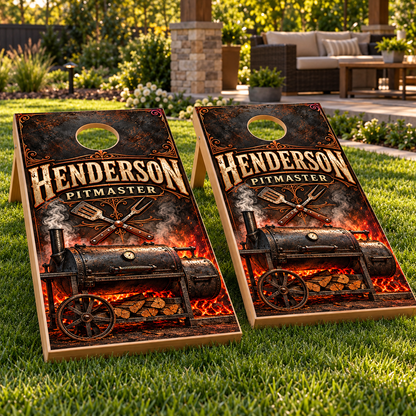 Backyard Pitmaster Personalized BBQ Cornhole Board Wraps on matching boards; boards not included