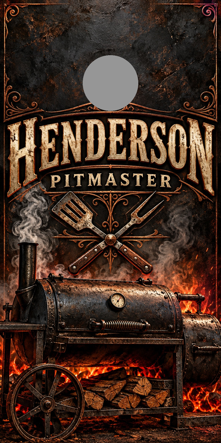 Backyard Pitmaster Personalized BBQ Cornhole Board Wraps — gray hole-position preview
