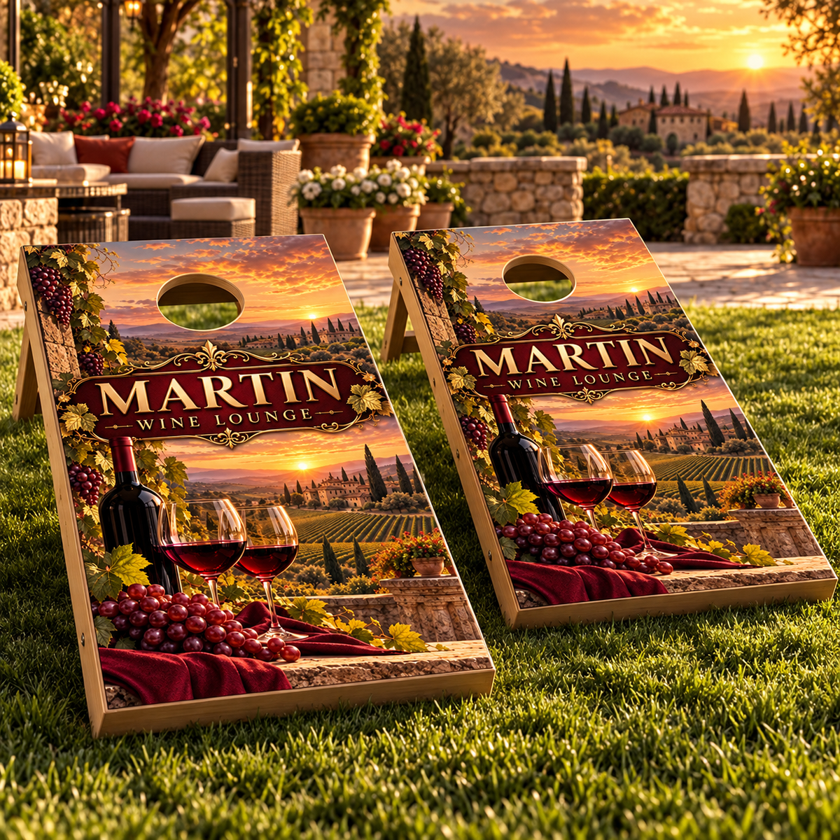 Vineyard Evenings Personalized Wine Cornhole Board Wraps on matching boards; boards not included
